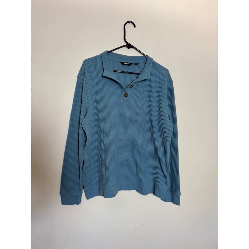Lands End Womens Waffle Knit Henley Top Blue Long Sleeve Polo Collar Large 14-16